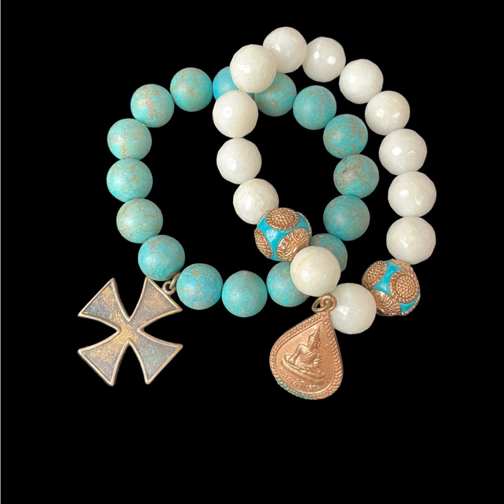 BRACELETS set of 2, turquoise white colored beads with cross & charm